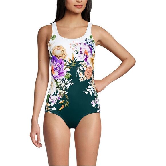 Land's End Plus Size soft cup 1 piece swimsuit Deep balsam floral placement Var - Picture 3 of 5